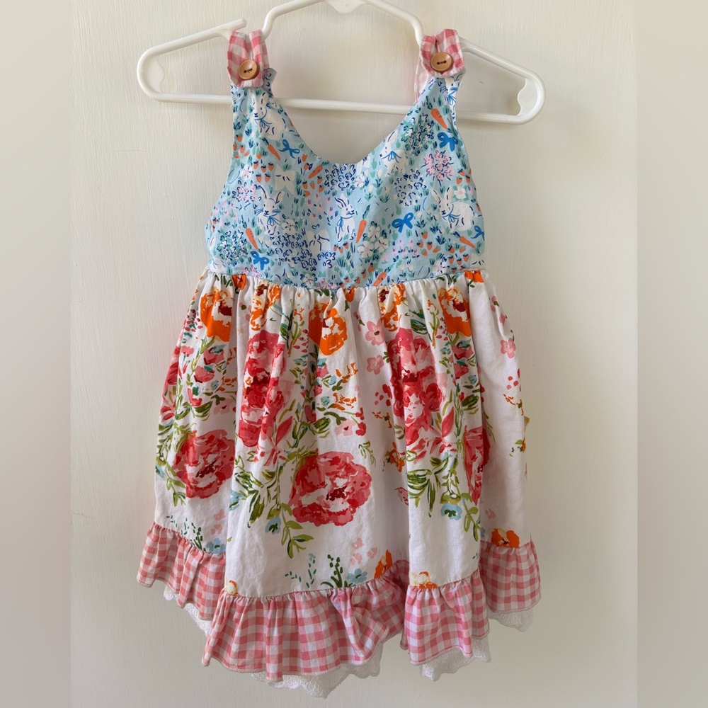 SweetHoney Floral Gingham Dress with Pink and Blue Hues Pocket Dress 4T